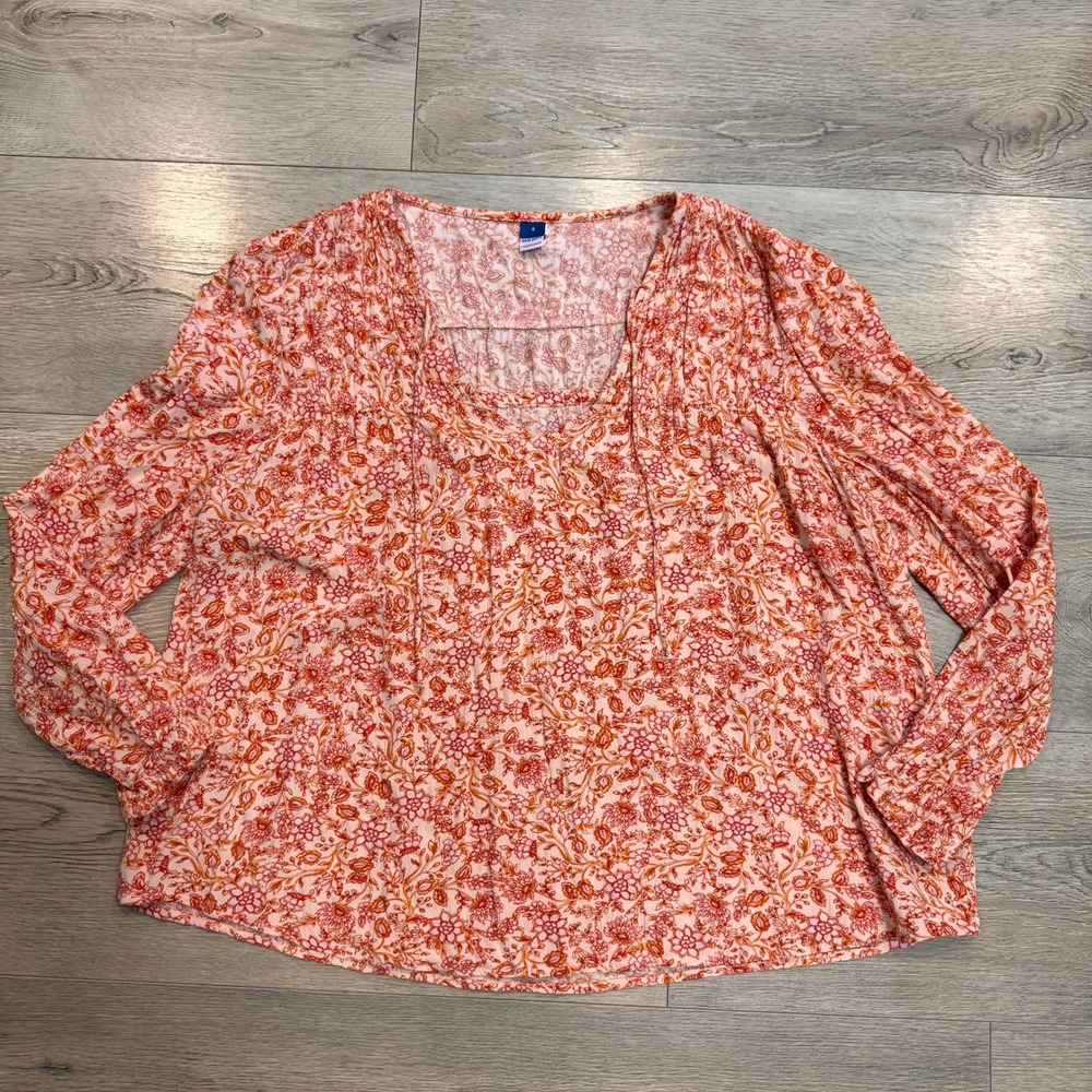 Old Navy Floral Print Long Sleeve Peasant Blouse Top Womens Size Small S Orange